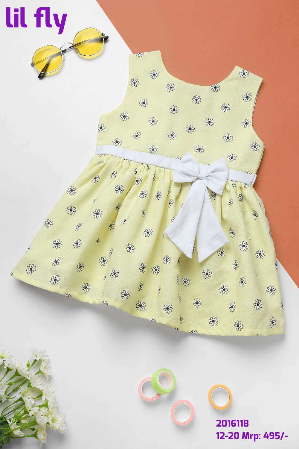 Lil Fly Cotton Linen Sleeveless Frock With Flowers and Bow/Tie Attached - Lemon
