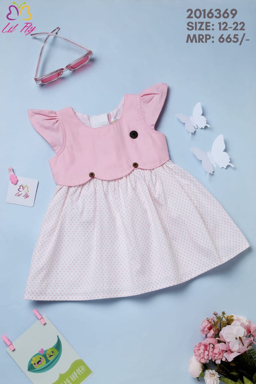 Lil Fly Cotton Sleeveless Frock with White Dotted and Button - Pink