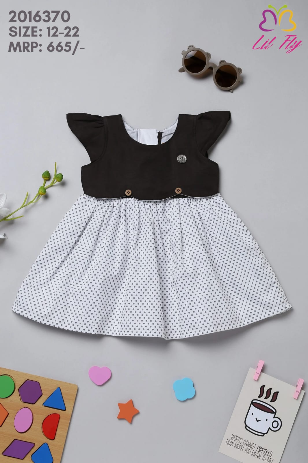 Lil Fly Cotton Sleeveless Frock with White Dotted and Button - Brown