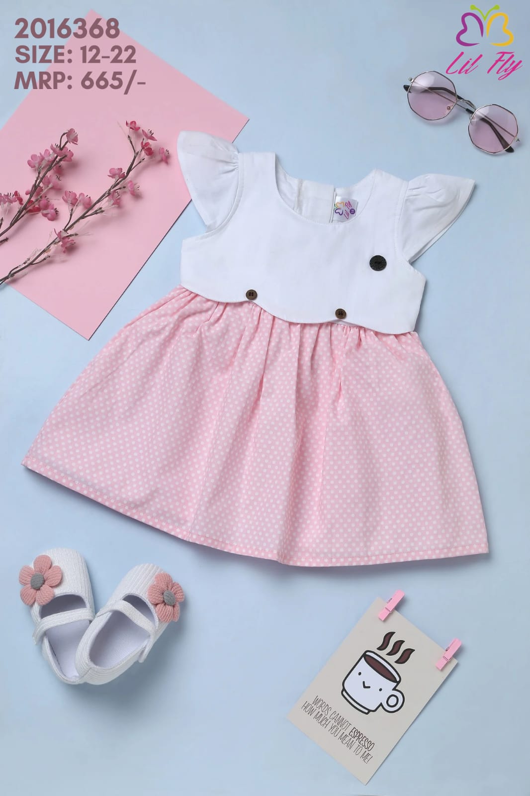 Lil Fly Cotton Sleeveless Frock with White Dotted and Button - White