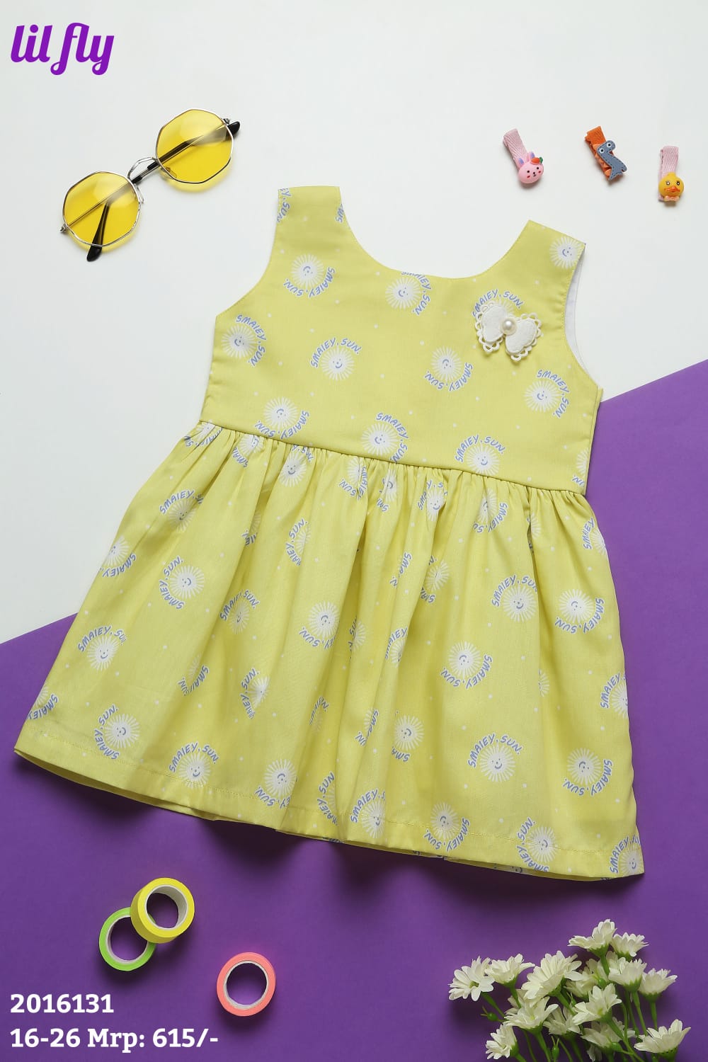 Lil Fly Cotton Smiley Everyday Frock with back knot belt - Lemon