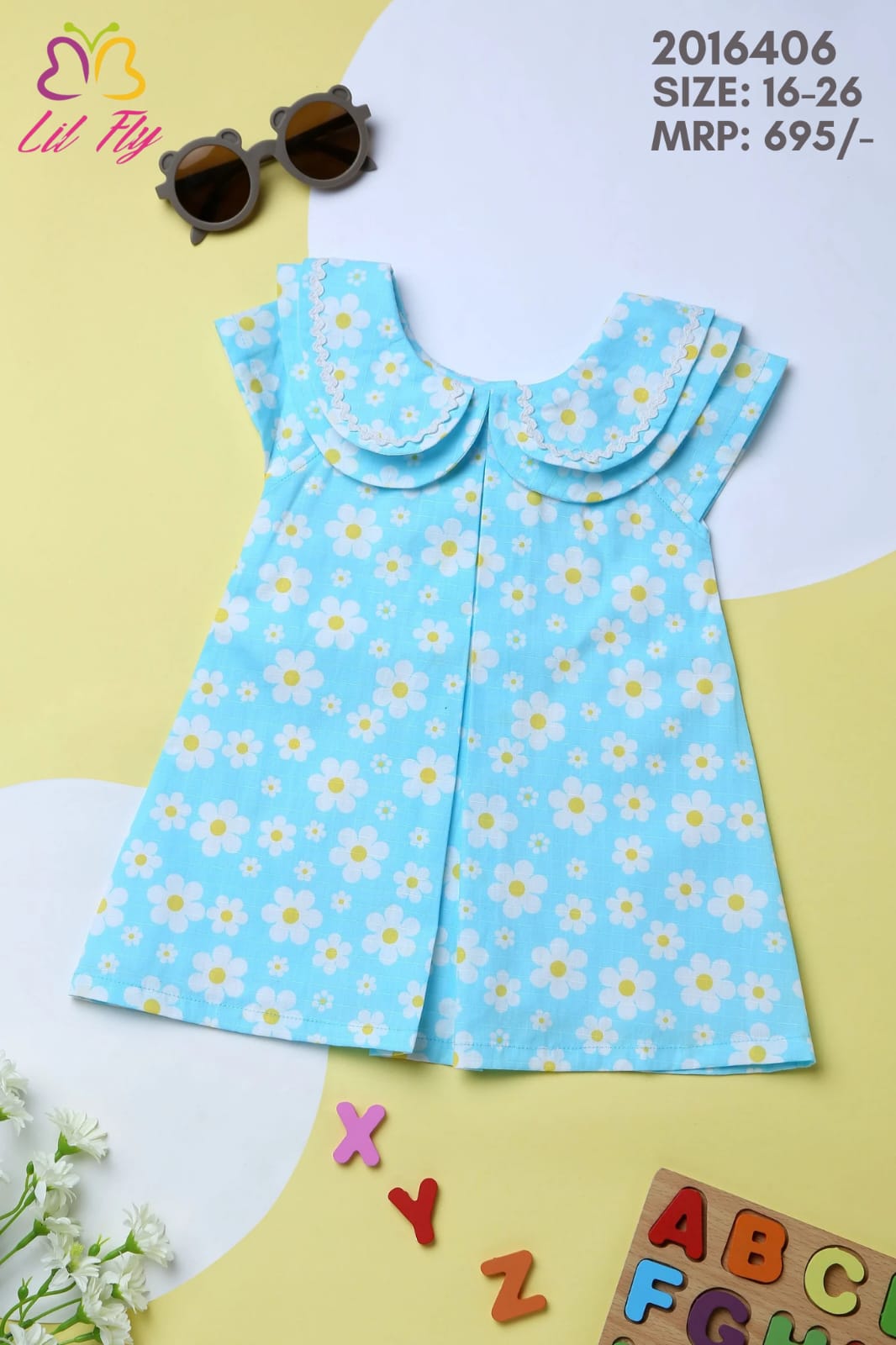 Lil Fly Cotton Floral Collor Frock with Mini Sleeves - Blue