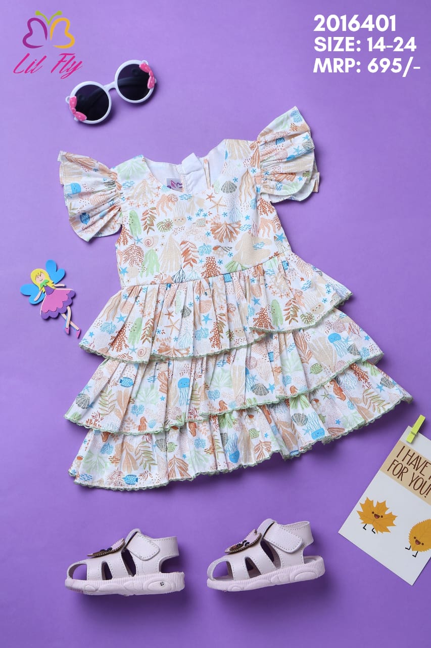 Lil Fly Cotton Flare Half Sleeves Frock with Floral Print - Green