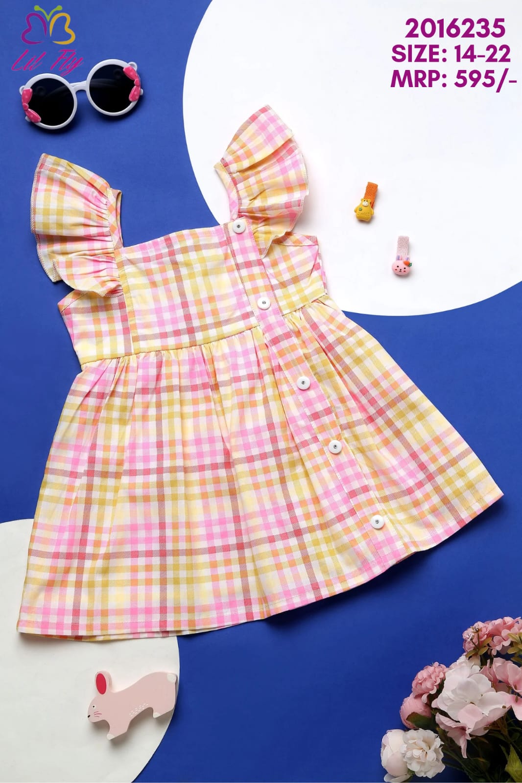 Lil Fly Multi Striped Cotton Frock with Mini Sleeves with show buttons - Multi colour