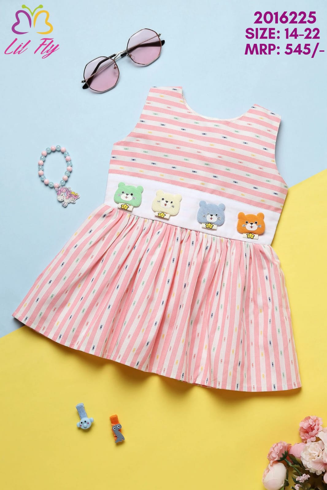 Lil Fly Stripe Cotton Frock with Teddy Appliques - Pink/White