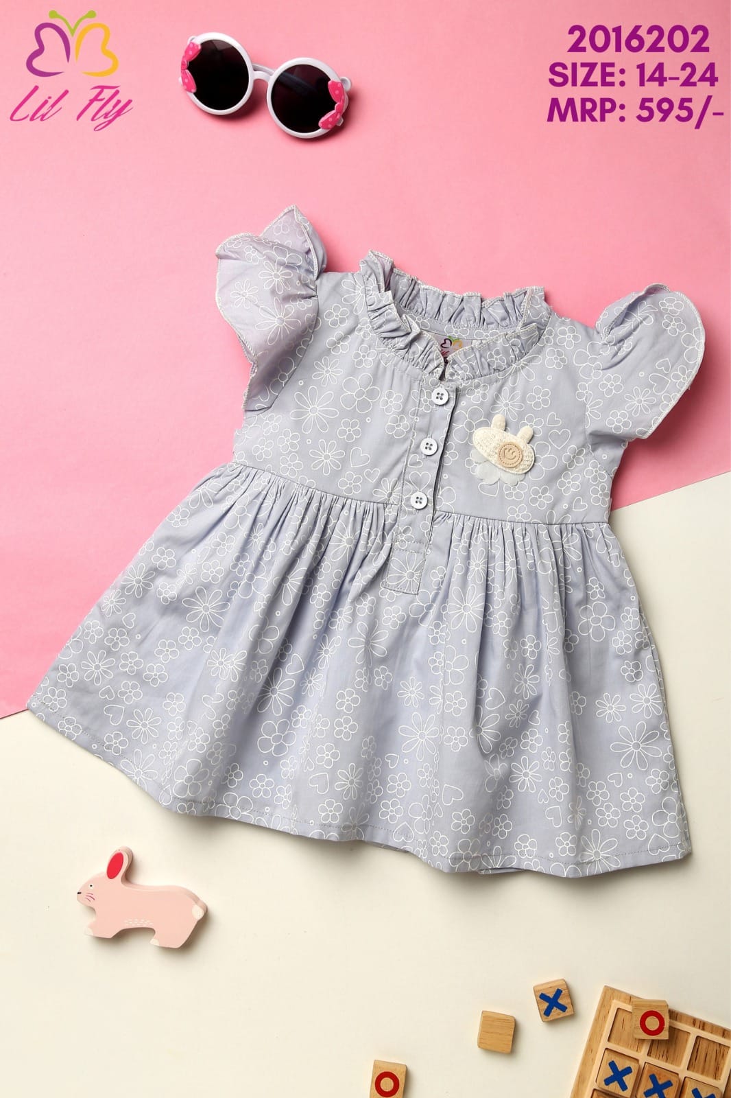 Lil Fly Cotton Front Open with Flare Neck and Flower Applique - Blue