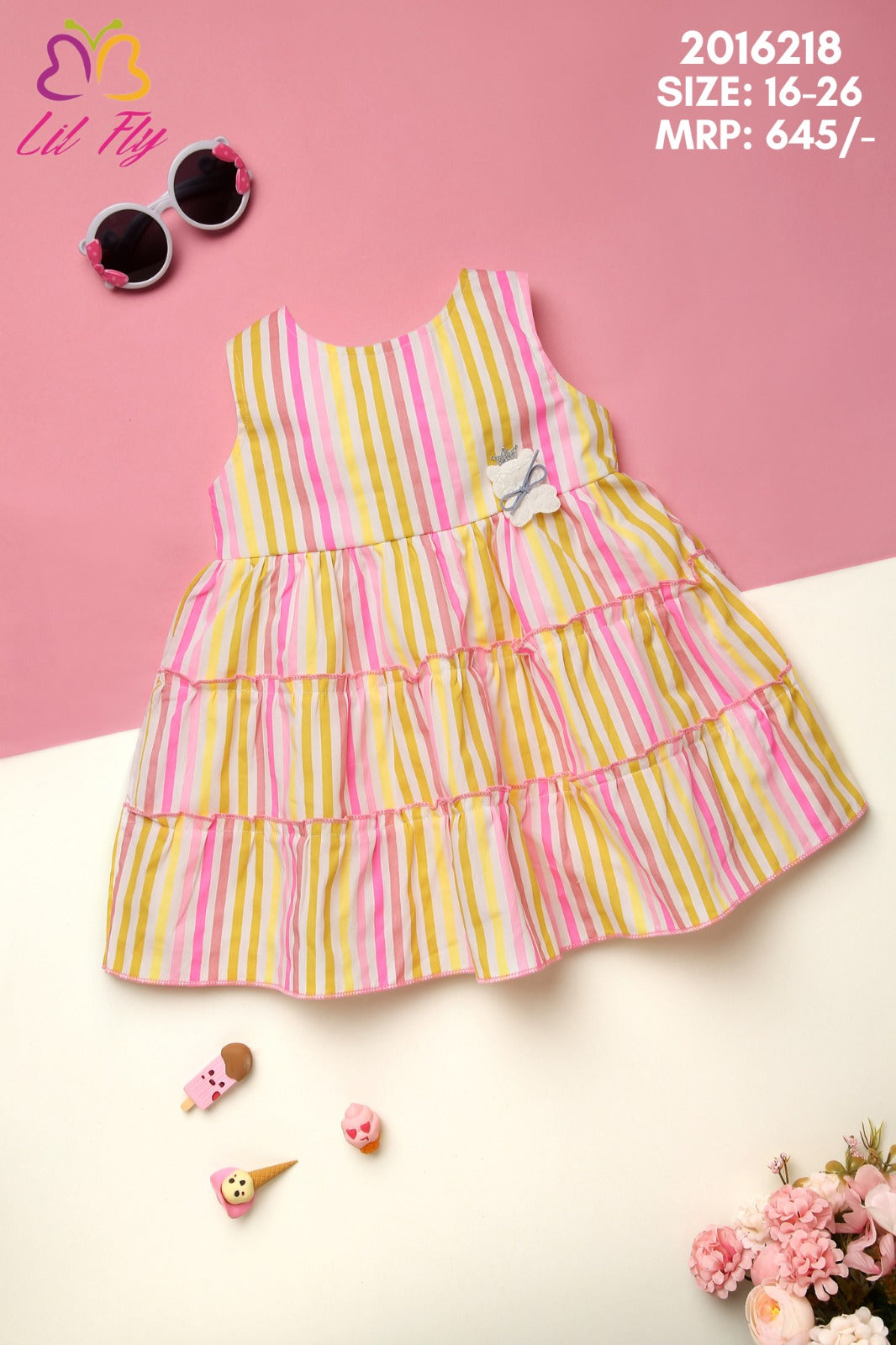 Lil Fly Cotton Striped Frock with Teddy Applique Everyday Frock with Back Knot Belt - Yellow