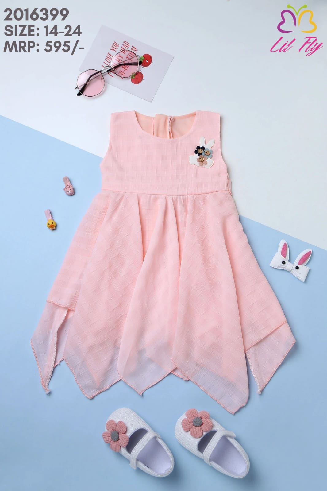 Lil Fly Chiffon Frock with Front belt with Flower Applique - Peach
