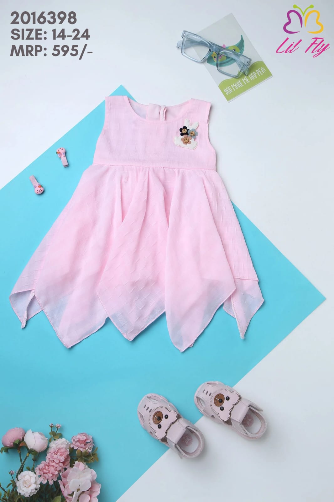 Lil Fly Chiffon Frock with Front belt with Flower Applique - Pink