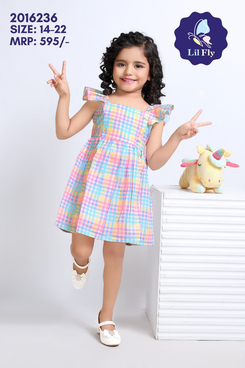 Lil Fly Multi Striped Cotton Frock with Mini Sleeves with show buttons - Multi colour Blue