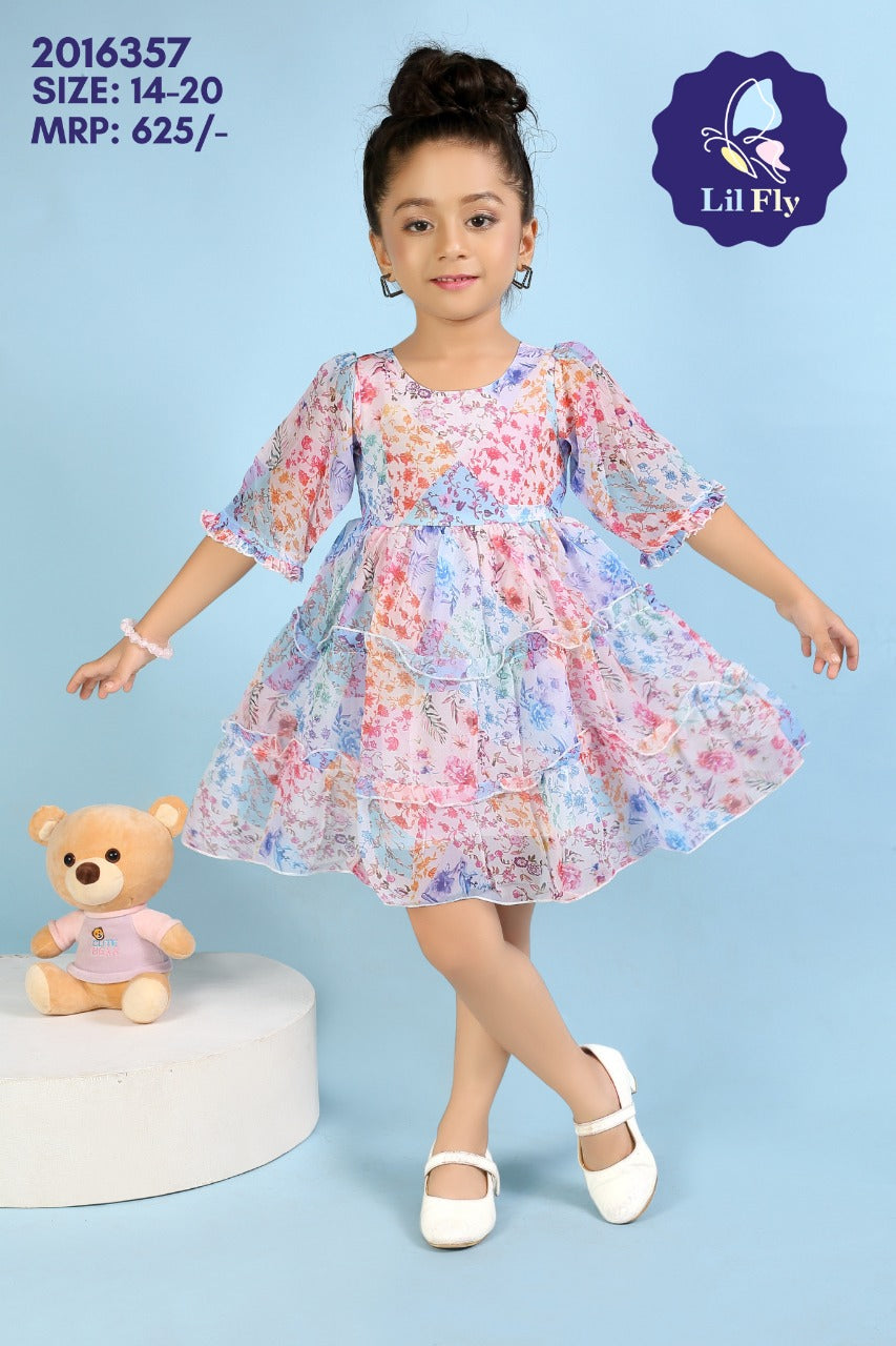 Lil Fly Chiffon Frock with sleeves and back belt Floral Print - Multi Colour