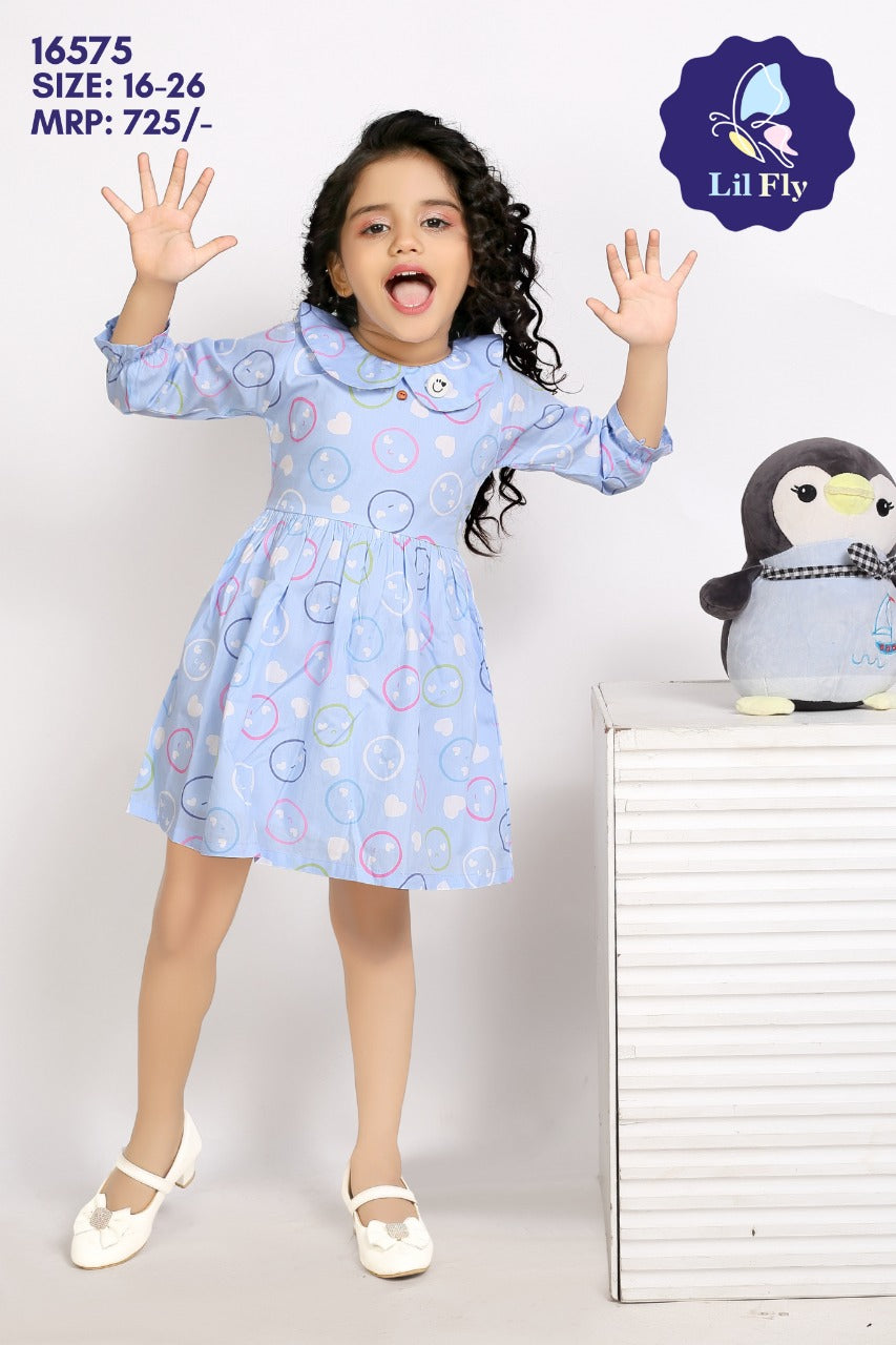 Lil Fly Cotton Frock with sleeves and back belt Smiley Print - Blue