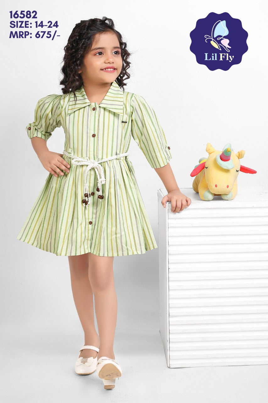 Lil Fly Cotton Striped Collor Front Open Frock with sleeves and Belt - Dull Green