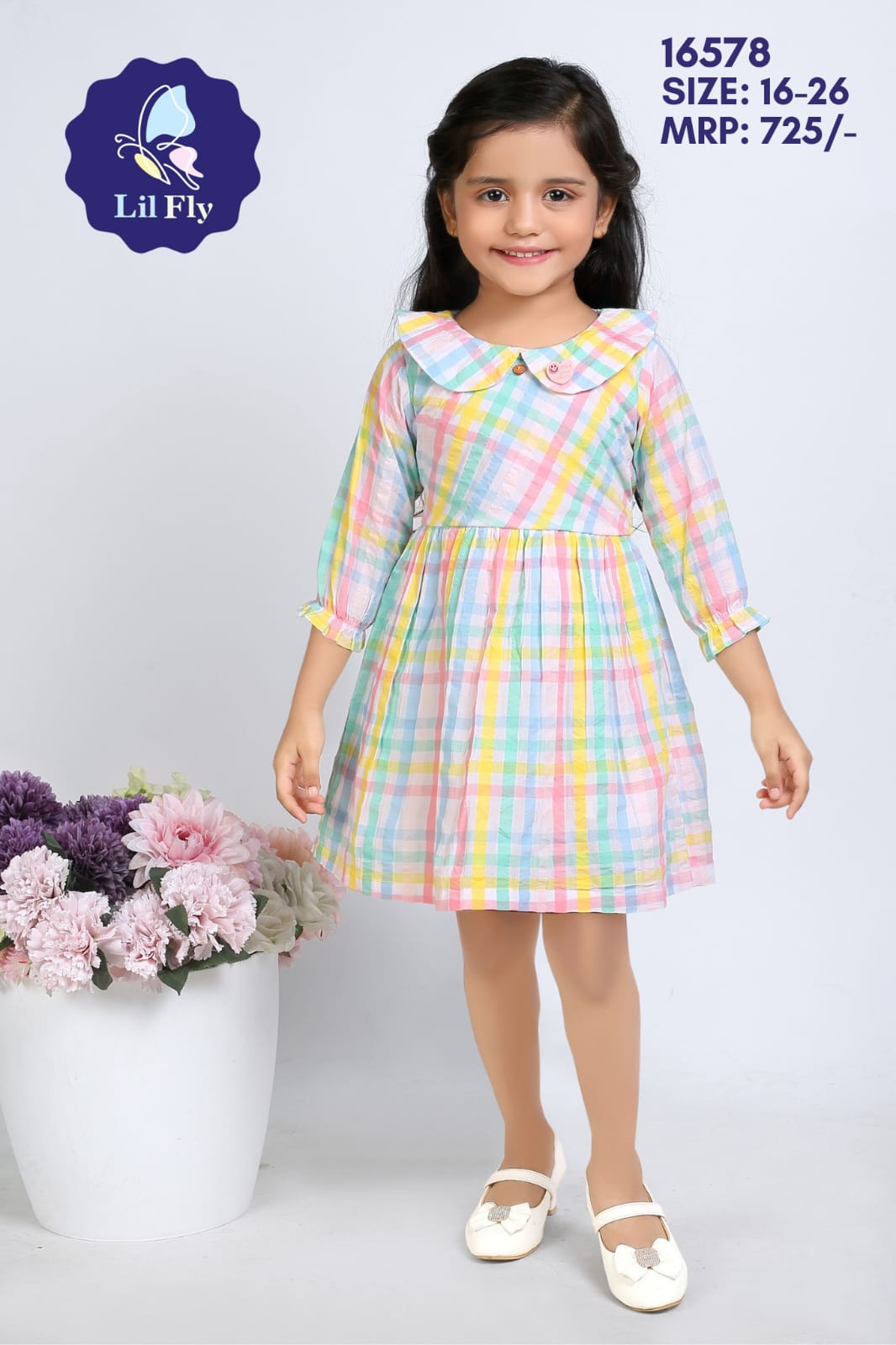 Lil Fly Cotton Frock with sleeves and back belt Multi Stripes