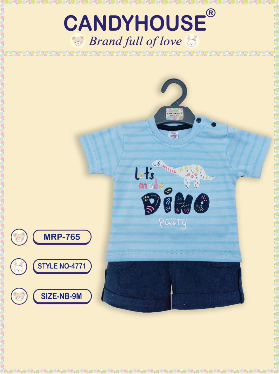 Candyhouse Half Sleeves Tshirt & Shorts with Embroidery and Cordoroy shorts - Light Blue & Navy