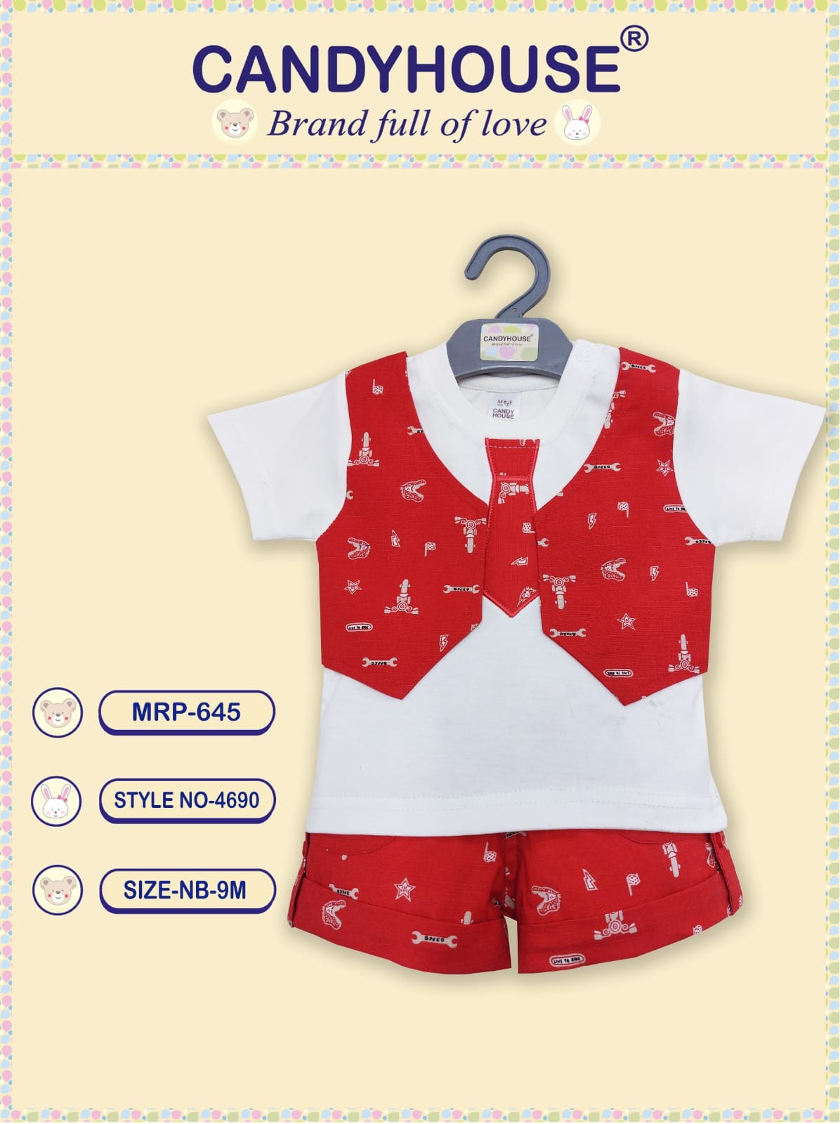 Candyhouse Half Sleeves Tshirt & Shorts with Tie & Attached Waistcoat- White & Red