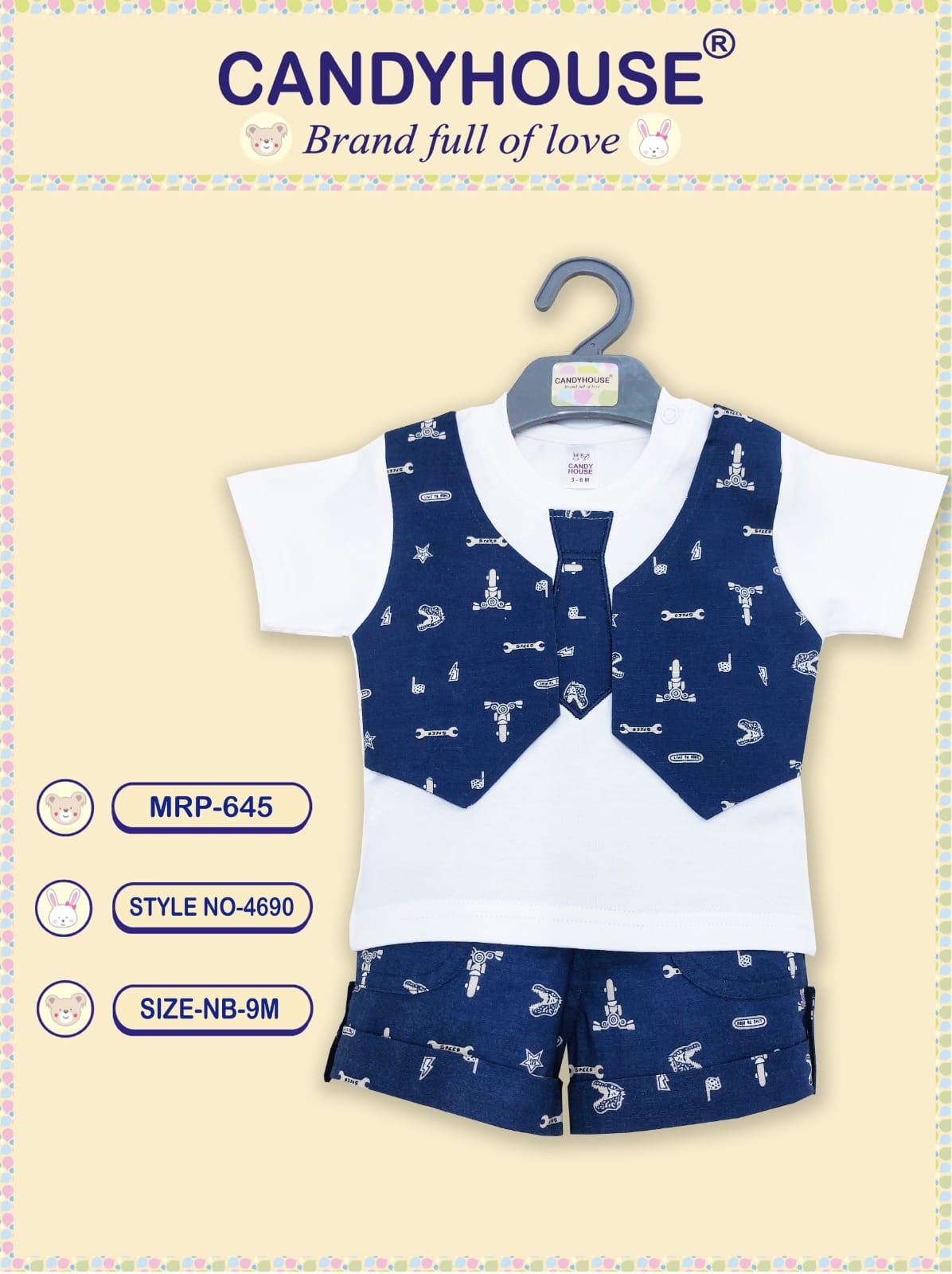 Candyhouse Half Sleeves Tshirt & Shorts with Tie & Attached Waistcoat- White & Navy