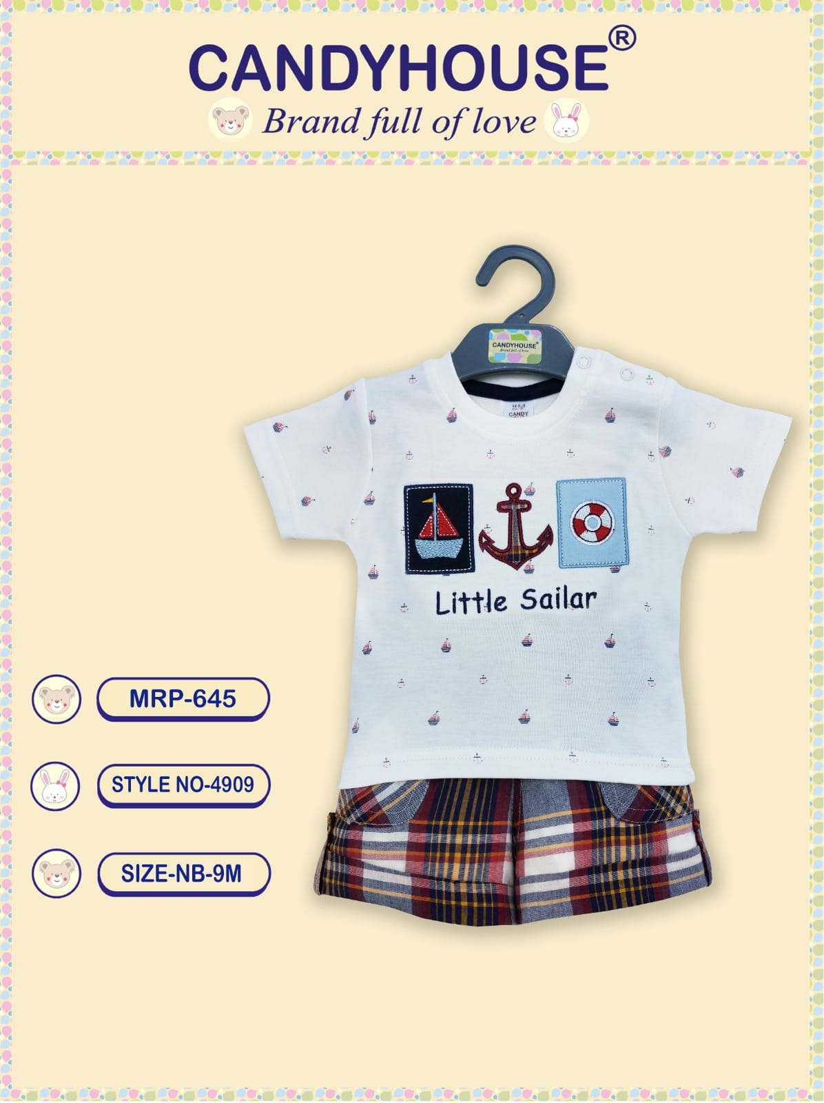 Candyhouse Half Sleeves Tshirt & Shorts with Embroidery and Textile Shorts - White & Brown Checks