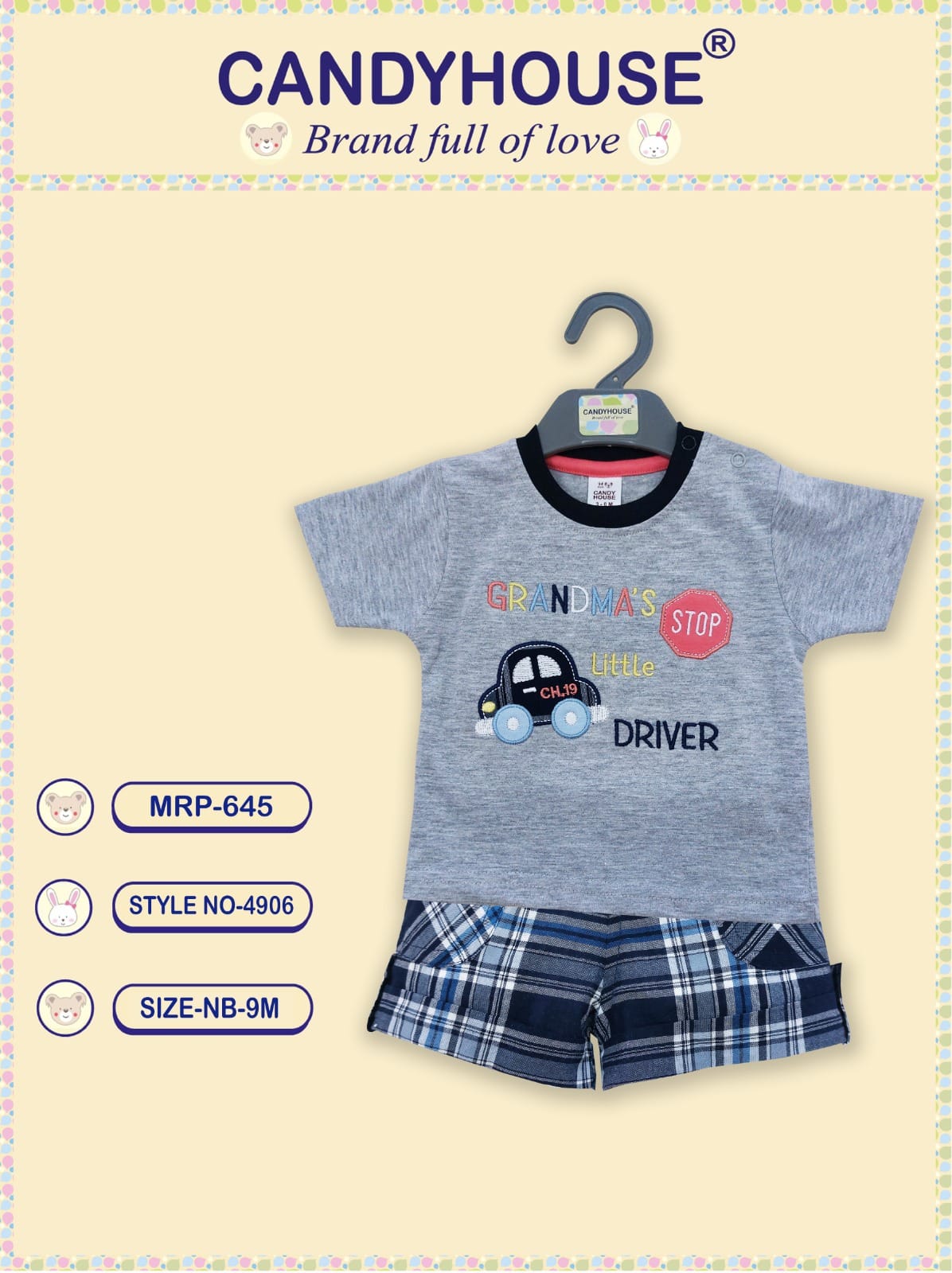 Candyhouse Half Sleeves Tshirt & Shorts with Embroidery and Textile Shorts - Grey & Checks