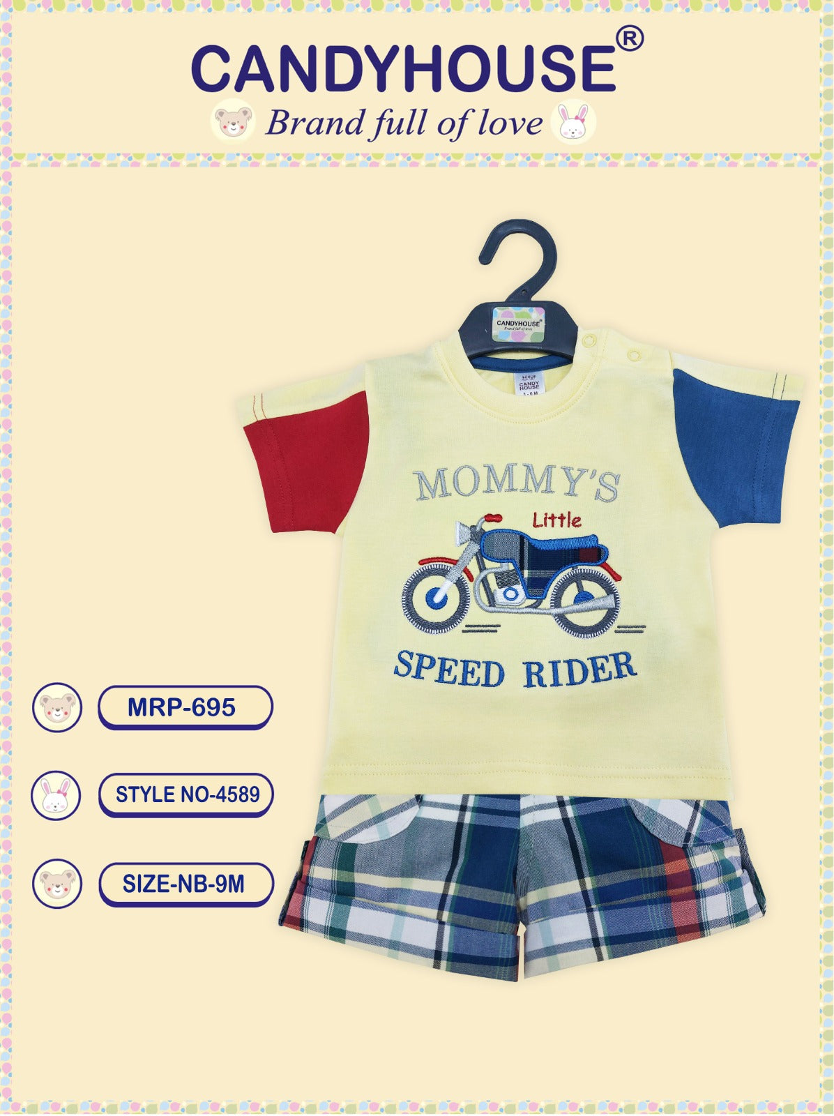 Candyhouse Half Sleeves Tshirt & Shorts with Embroidery and Textile Shorts - Yellow/Red/Blue & Checks