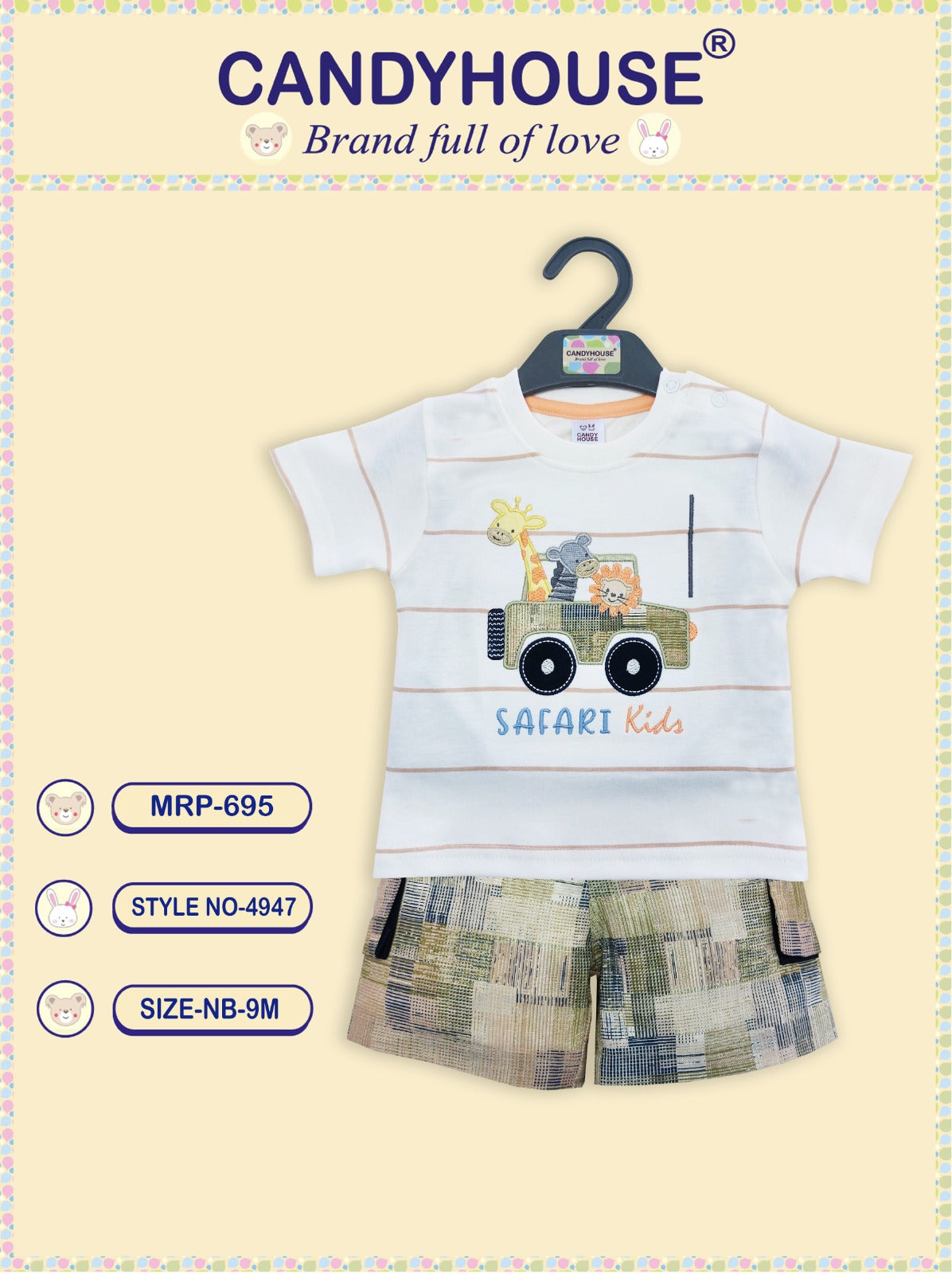 Candyhouse Half Sleeves Tshirt & Shorts with Embroidery and Textile Shorts - White & Beige