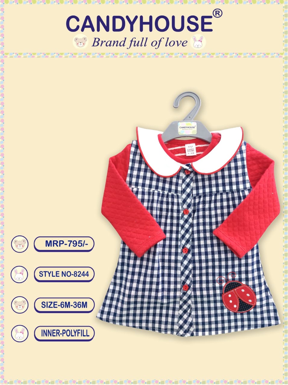 CandyHouse Woven Cotton Yarn Dyed Checkered Frock With Full Sleeves Polyfill Top - Red