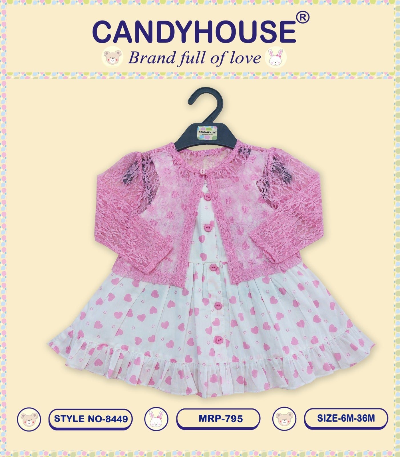 CandyHouse Woven Cotton Heart Shaped Print Frock With Full Sleeves Shrug