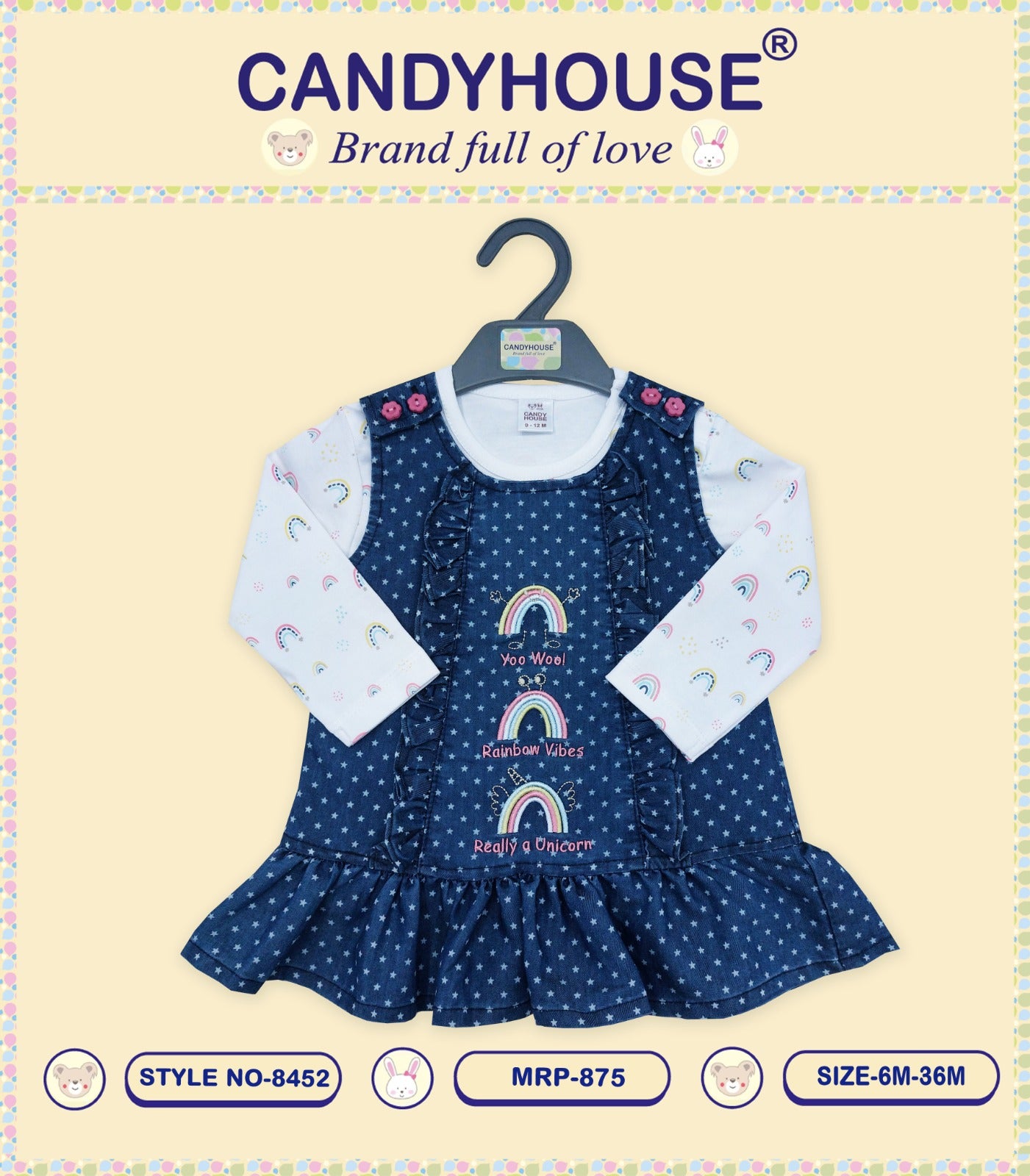 CandyHouse Woven Denim Dotted Frock With Full Sleeves Inner Tee With Rainbow Print & Embroidery - White