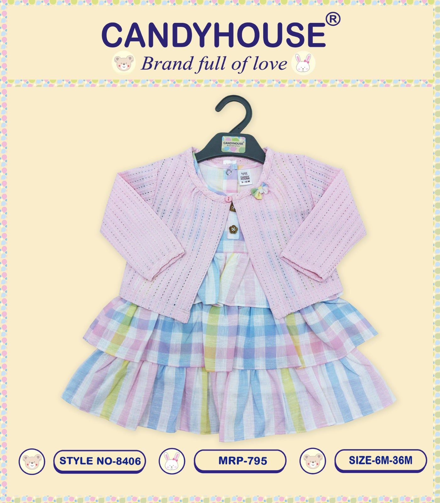 CandyHouse Woven Cotton Yarn Dyed Striped Frock With Full Sleeves Pink Shrug