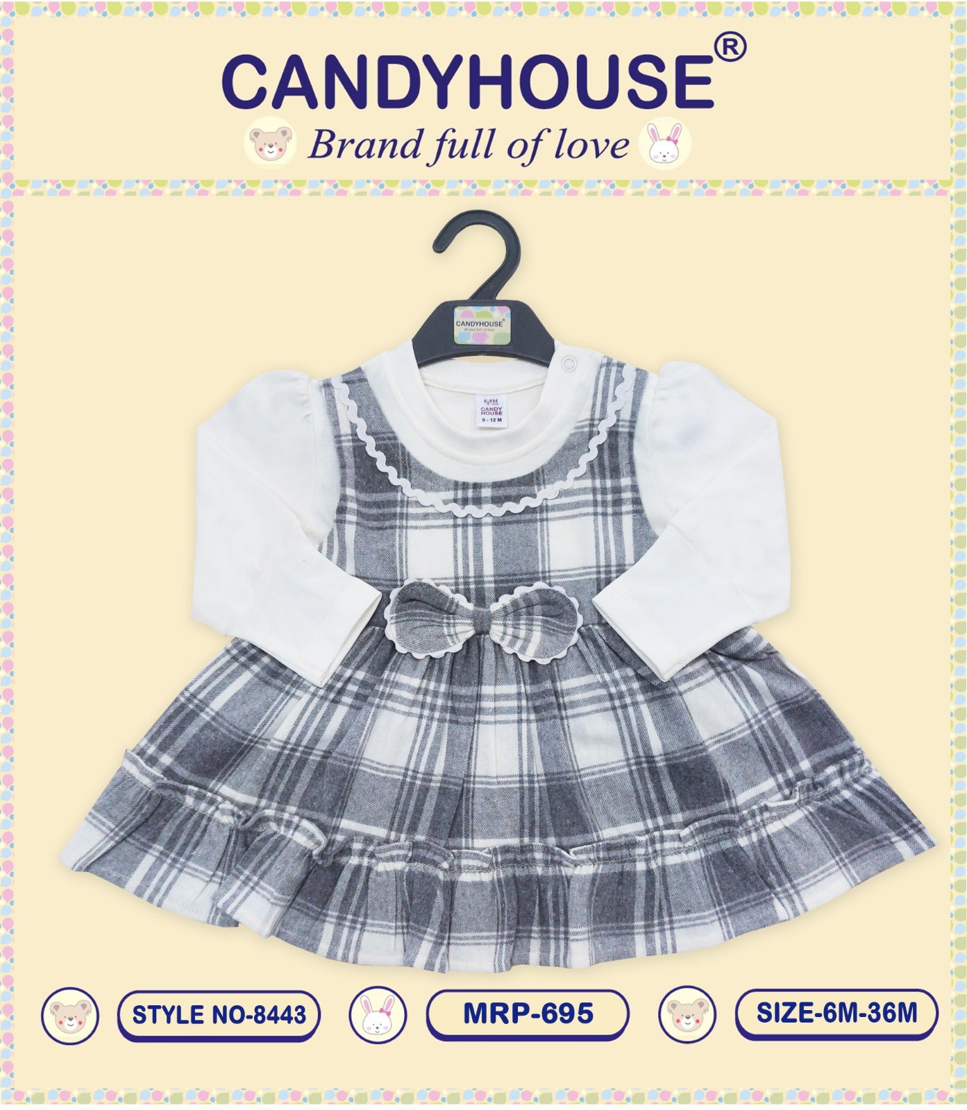 CandyHouse 100% Woven Cotton Yarn Dyed Full Sleeves Frock With Checks & White attached Top - White & Grey