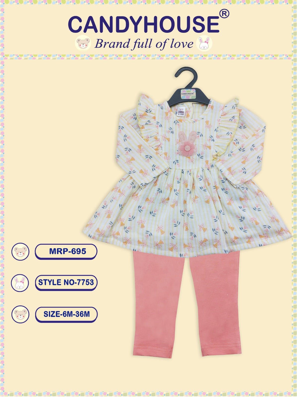 Candyhouse Cotton Woven Muslin Full Sleeves Top & Leggings Set with Floral Print - Peach