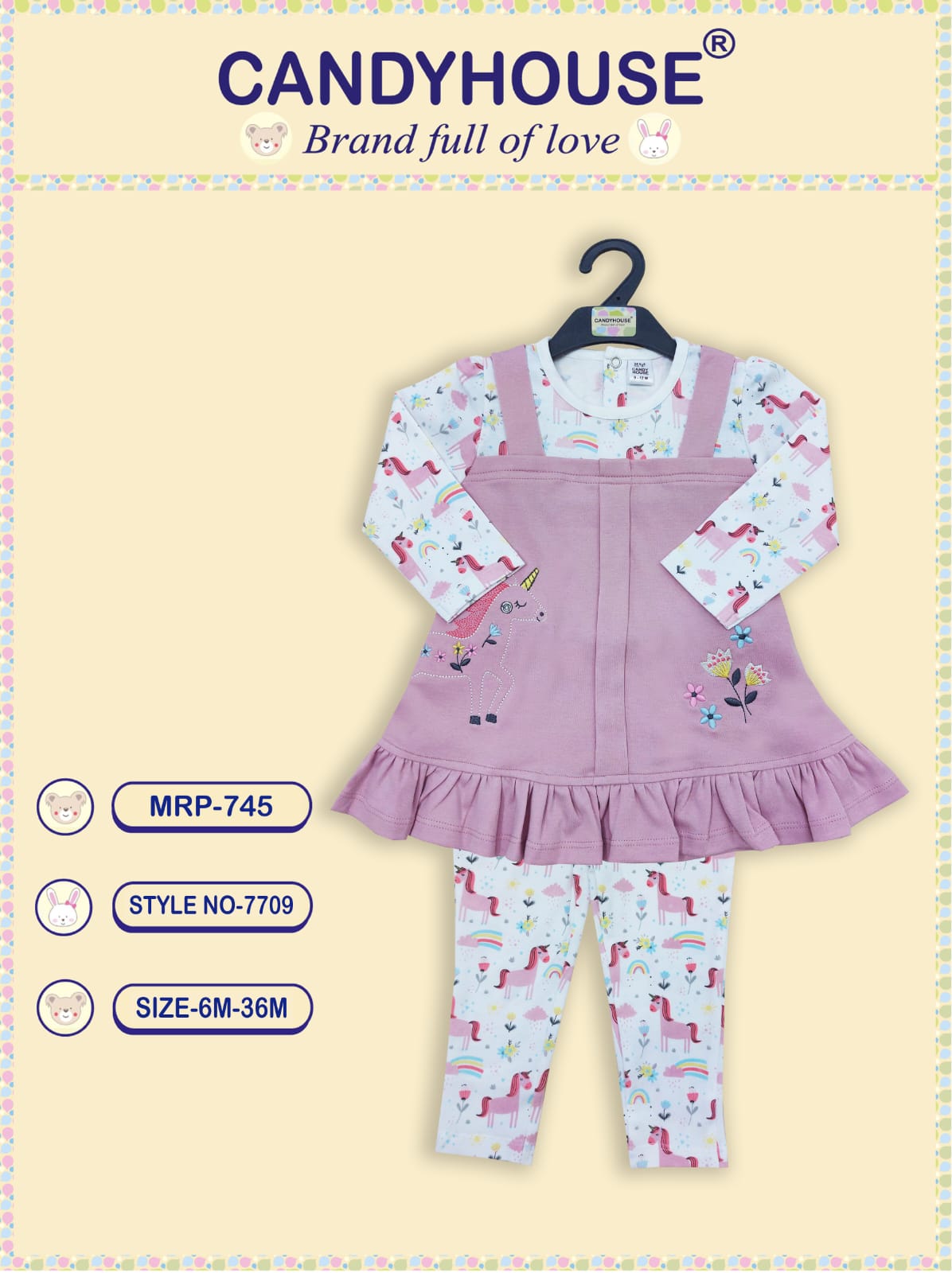 Candyhouse Interlock Knitted Full Sleeves Top with Embroidery & Leggings Set with Unicorn Print - Onion