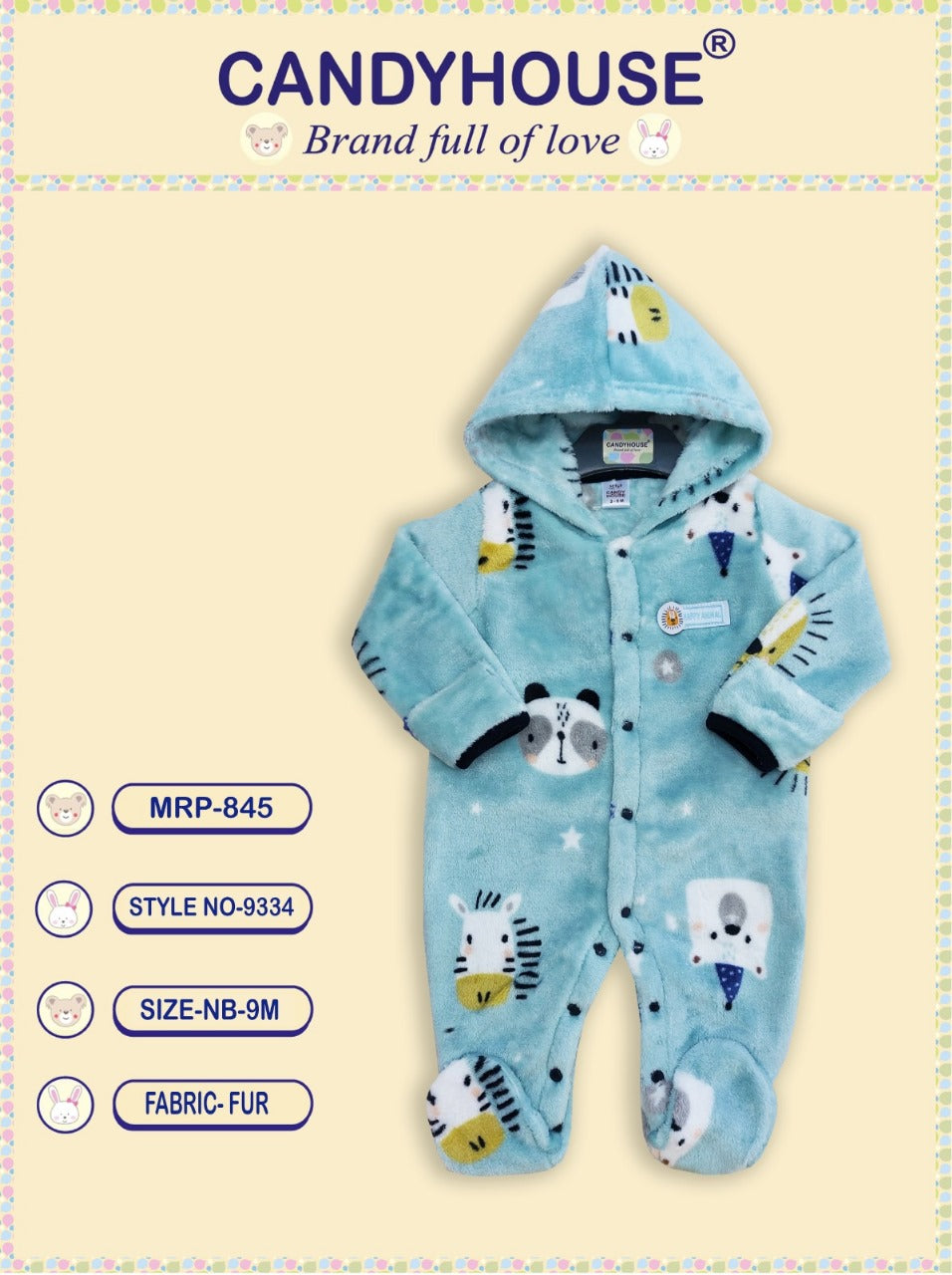 CandyHouse Full Sleeves Front Open Winter Wear Hooded Fur Romper with Cartoon Print - Pista & Navy