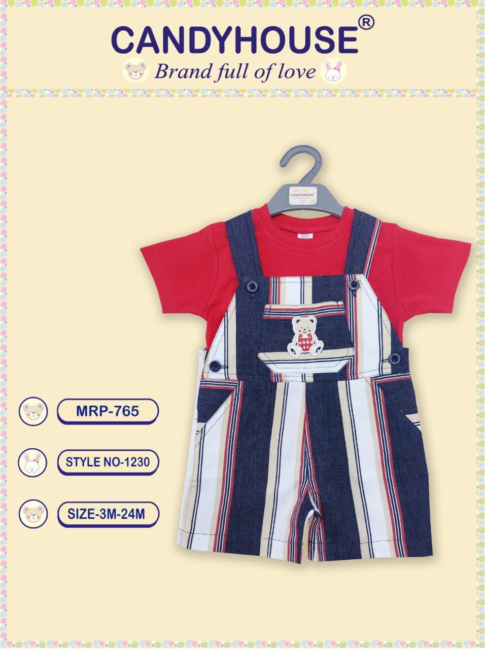 CandyHouse Cotton Woven Washed Denim Dungaree with Half Sleeves Plain T-Shirt - Red