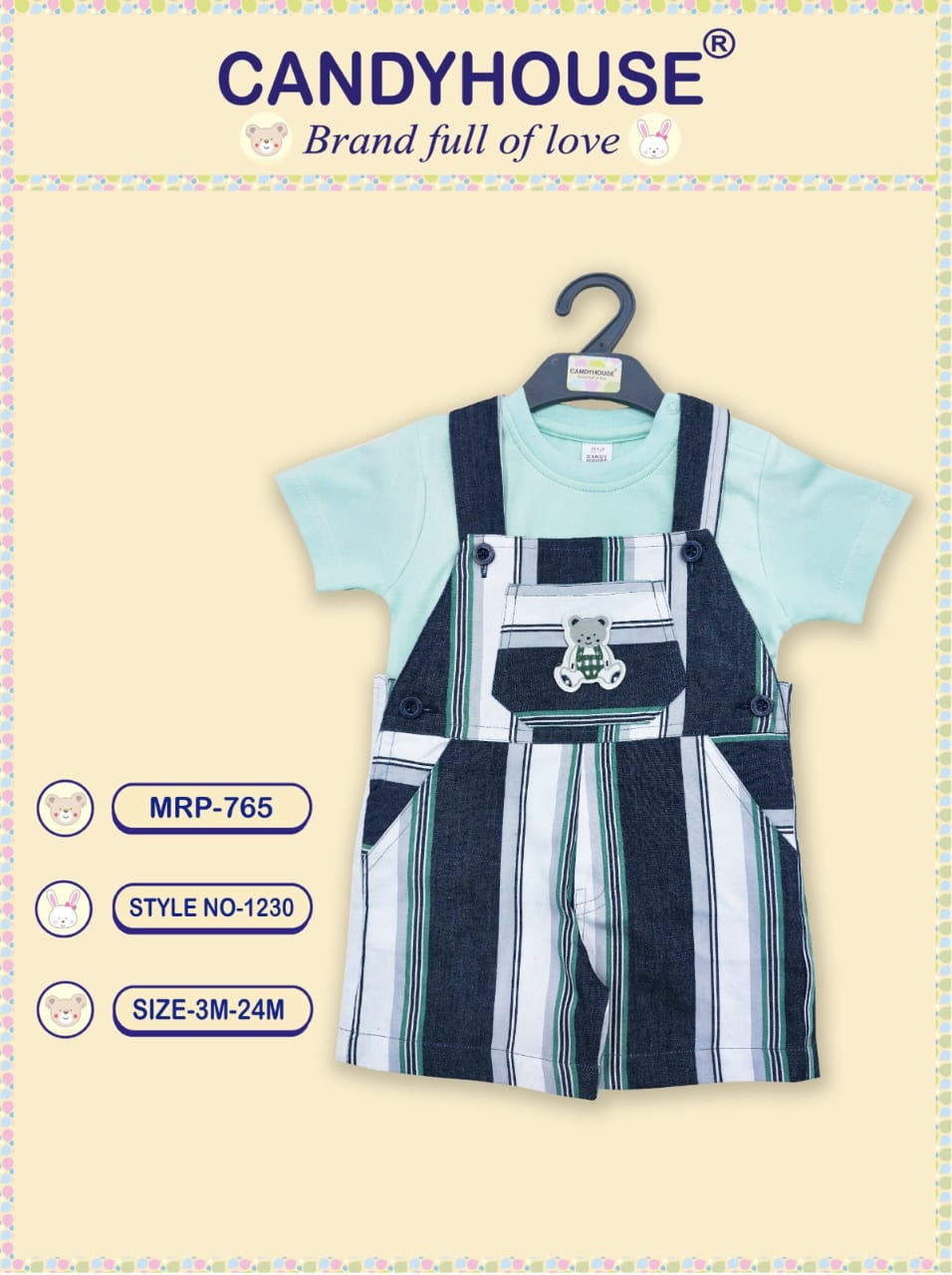 CandyHouse Cotton Woven Washed Denim Dungaree with Half Sleeves Plain T-Shirt - Pista