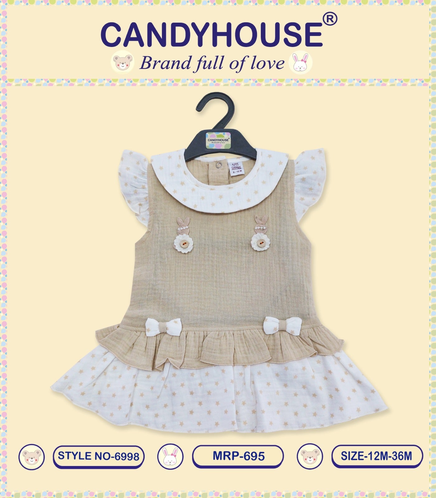 CandyHouse Muslin Double Cloth Sleeveless Dotted/Plain Frock with attached Bow - White & Beige