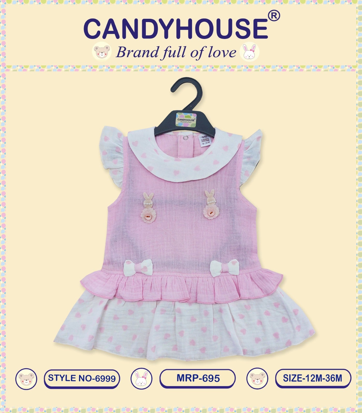 CandyHouse Muslin Double Cloth Sleeveless Dotted/Plain Frock with attached Bow - White & Pink