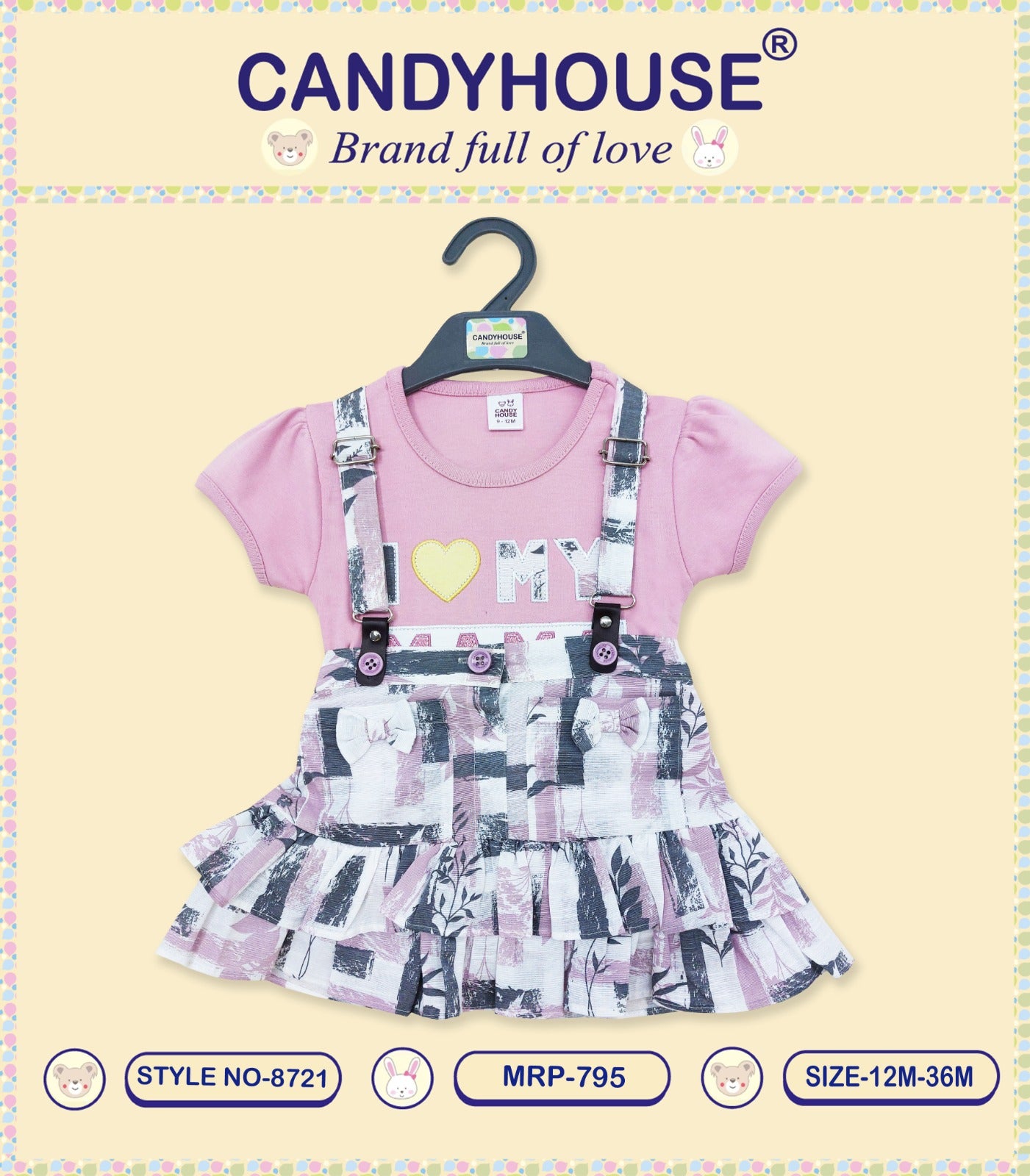 CandyHouse Cotton Knit Half Sleeves Top & Skirt Set with Suspender and Print - Purple