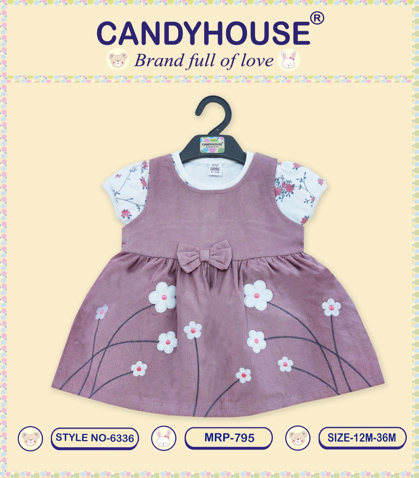 CandyHouse Knitted Woven Half Sleeves Inner T-Shirt & Cord Frock with Floral Embroidery and attached Bow - Purple