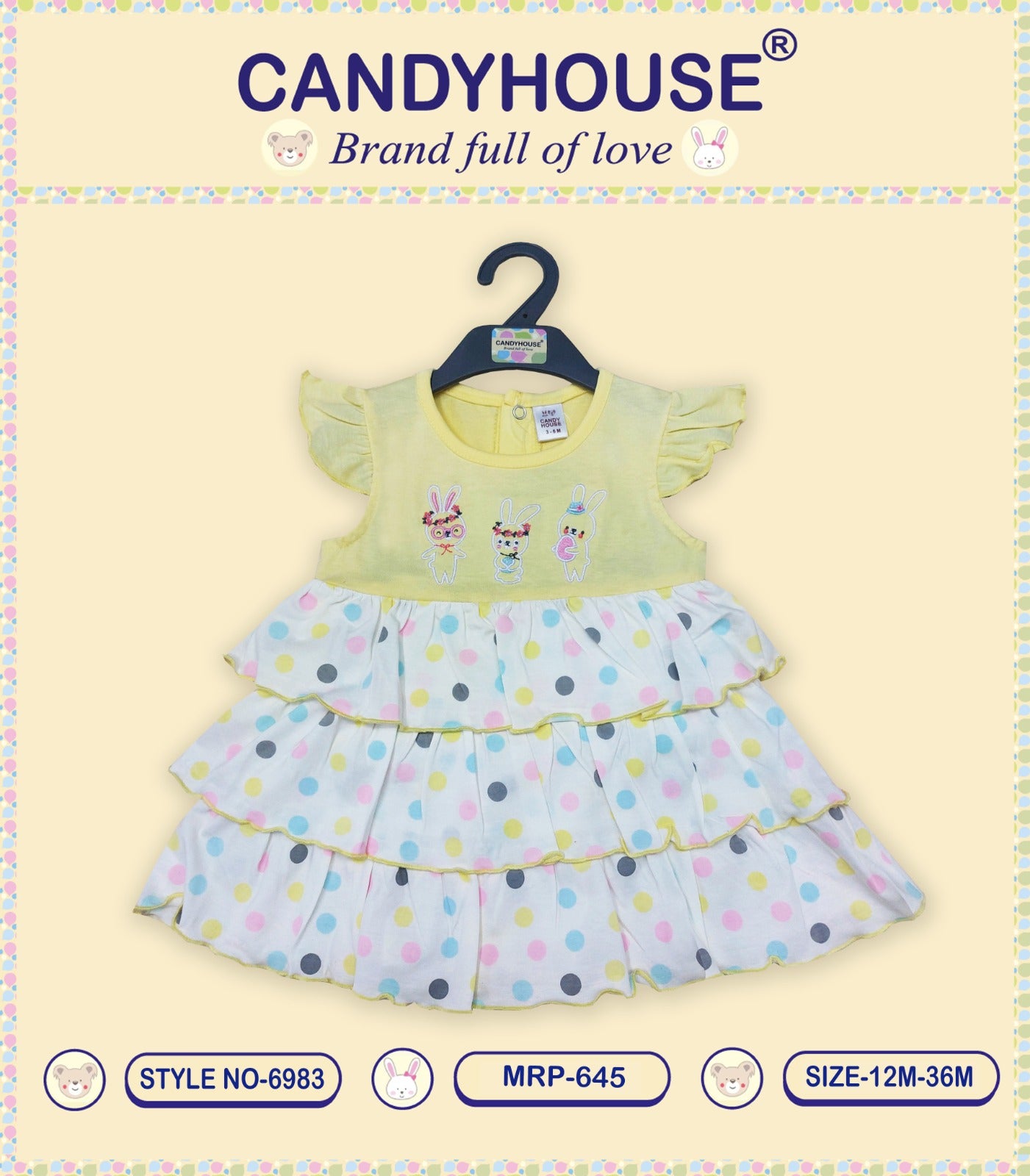 CandyHouse Cotton Knit Half Sleeves Embroidery and Polka Dots Frock - Yellow