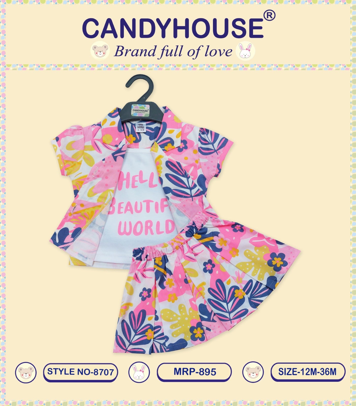 CandyHouse Knit Half Sleeves Top & Cotton Skirt Set with Overcoat Floral Print - Pink