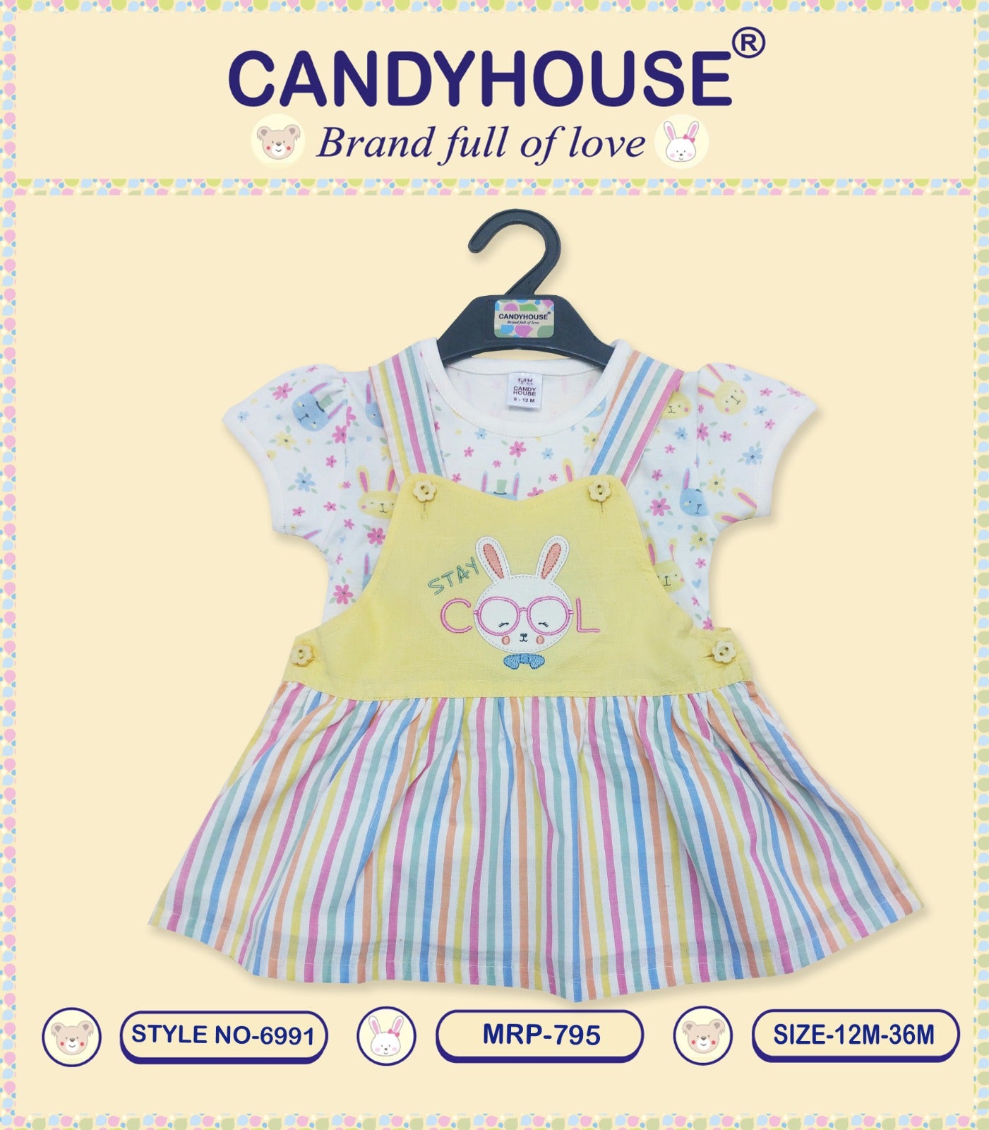 CandyHouse Knitted Woven Half Sleeves Inner T-Shirt & Cotton Striped Frock with Embroidery - Yellow