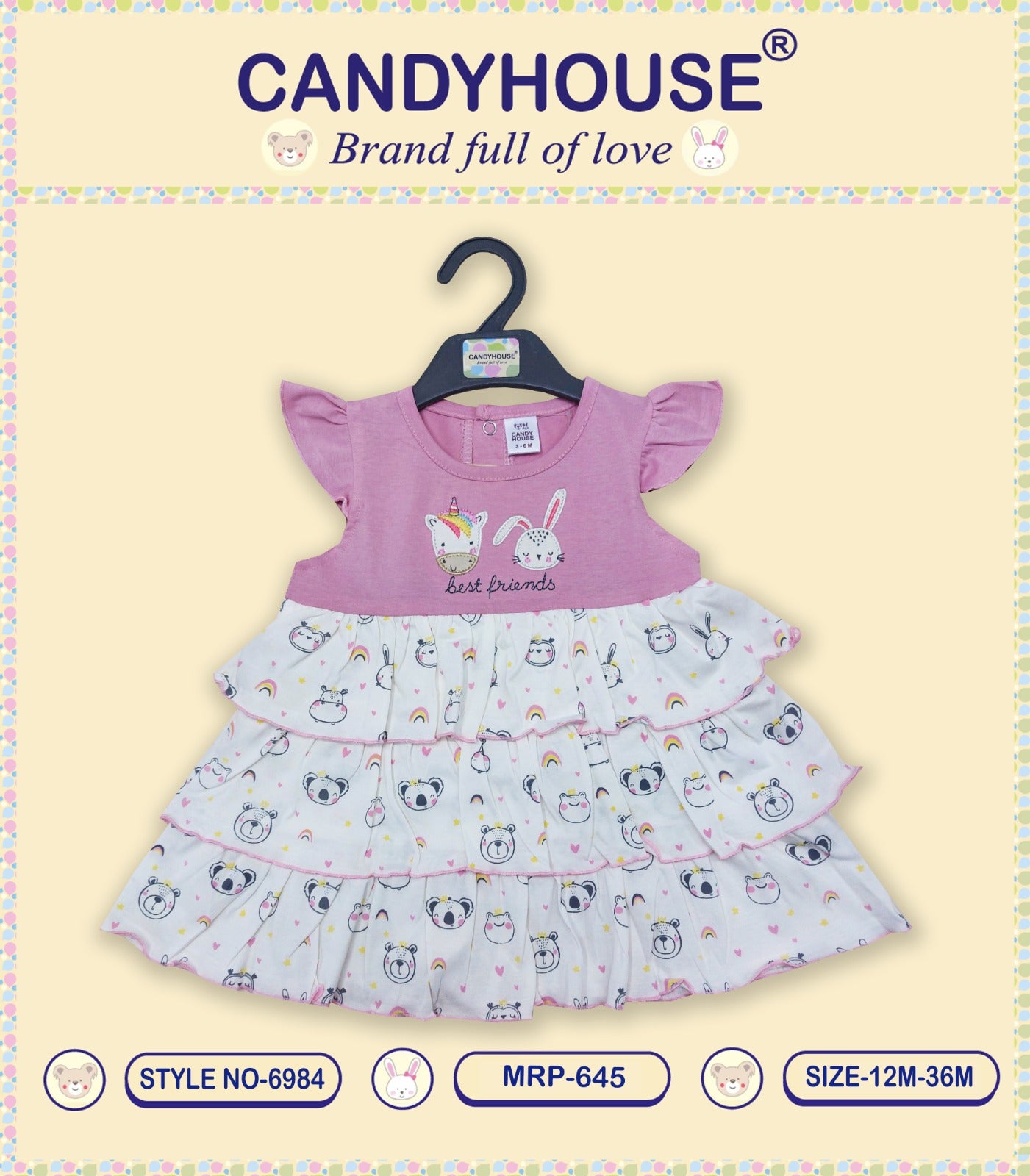 CandyHouse Cotton Knit Half Sleeves Embroidery and Polka Dots Frock - Pink