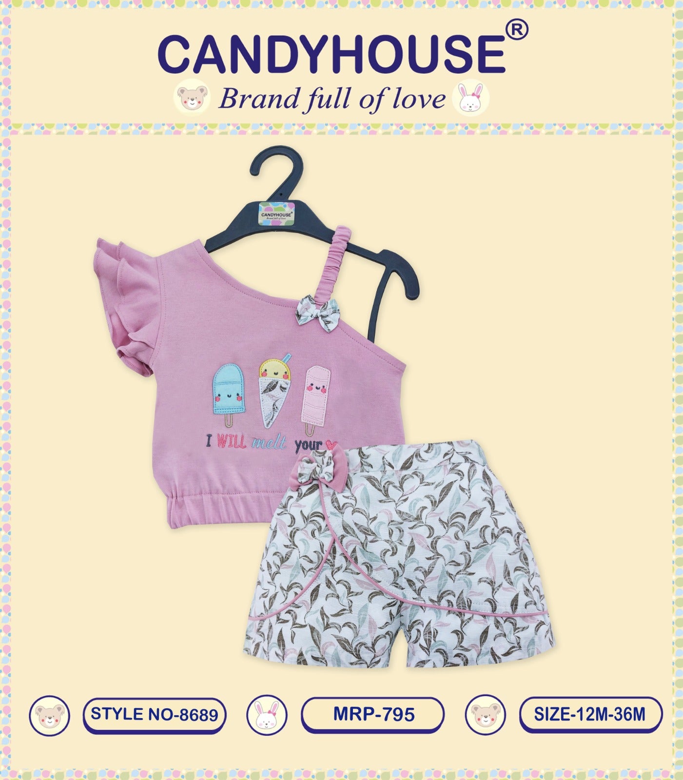 CandyHouse 100% Cotton Knit Cold Shoulder Sleeves Top & Shorts Set With Embroidery - Purple