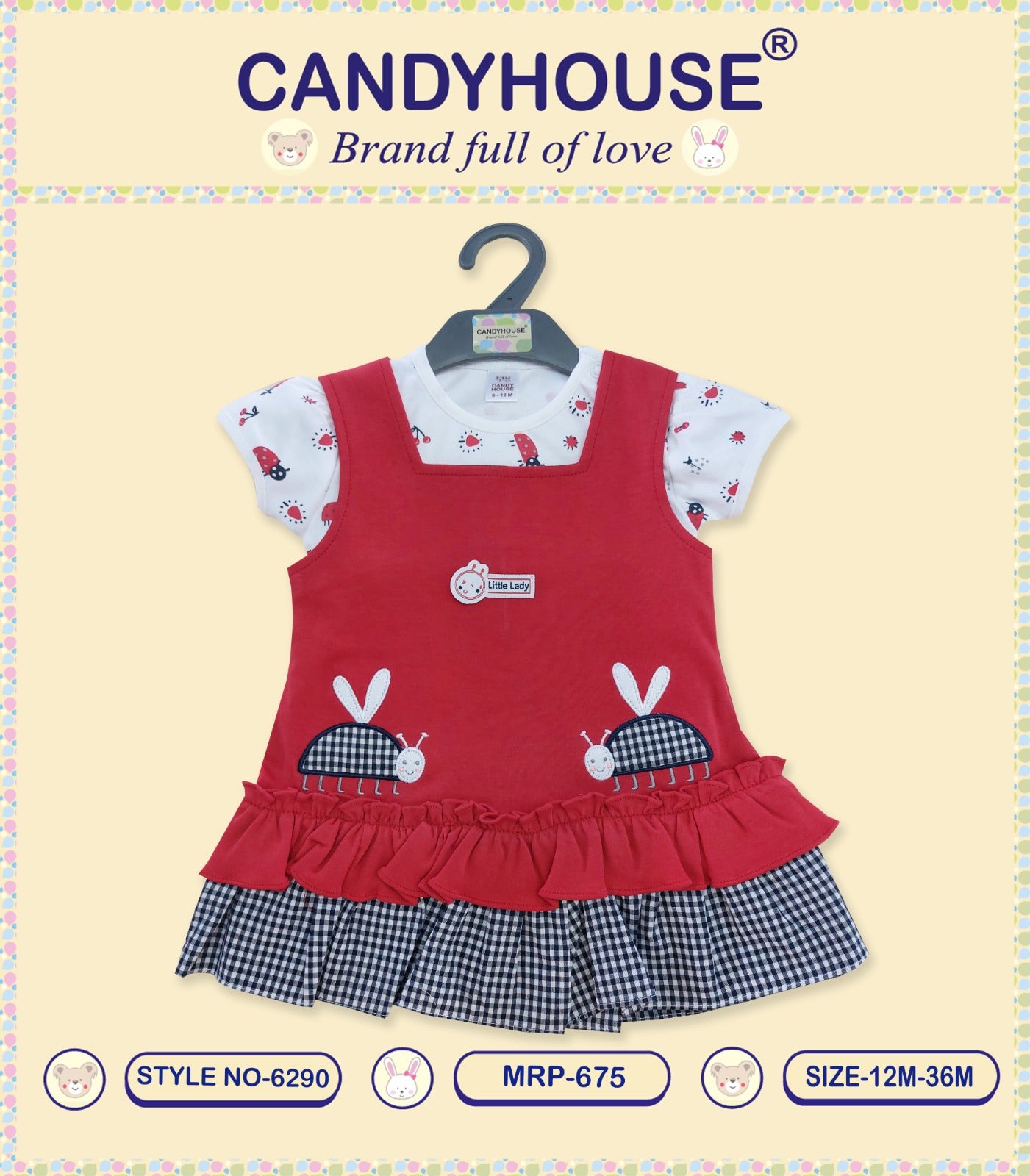 CandyHouse Knitted Woven Half Sleeves Inner T-Shirt all over printed & Frock with Embroidery - Red