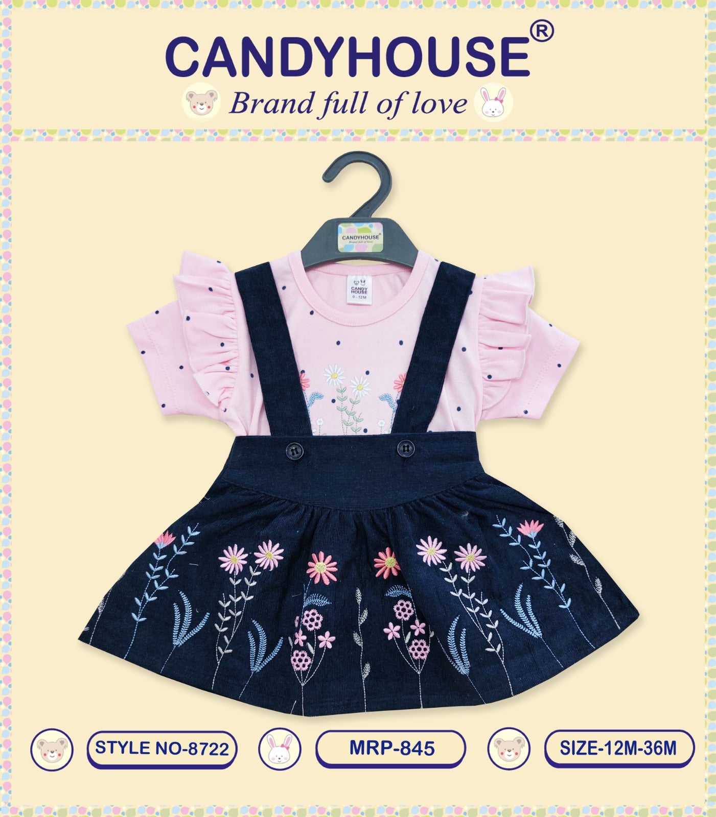 CandyHouse Cotton Knit Half Sleeves Top & Skirt Set With Floral Print & Embroidery - White & Blue