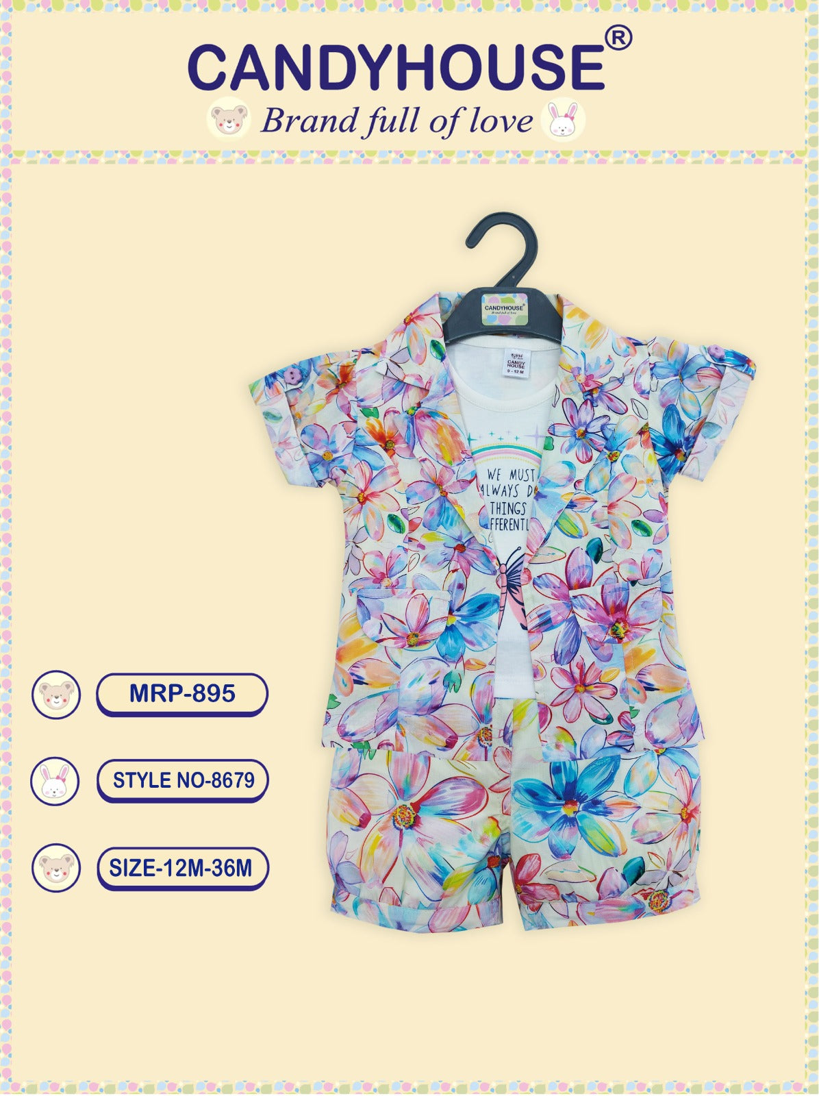 CandyHouse Knit Half Sleeves Top & Cotton Short Set with Overcoat Floral Print - Multi