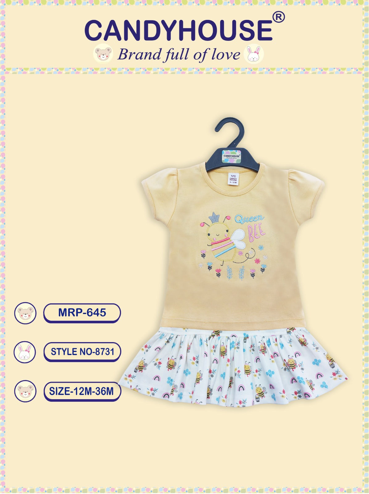 CandyHouse Cotton Knit Half Sleeves Top & Skirt Set with Embroidery Detailing Honey Bee - Mustard & White