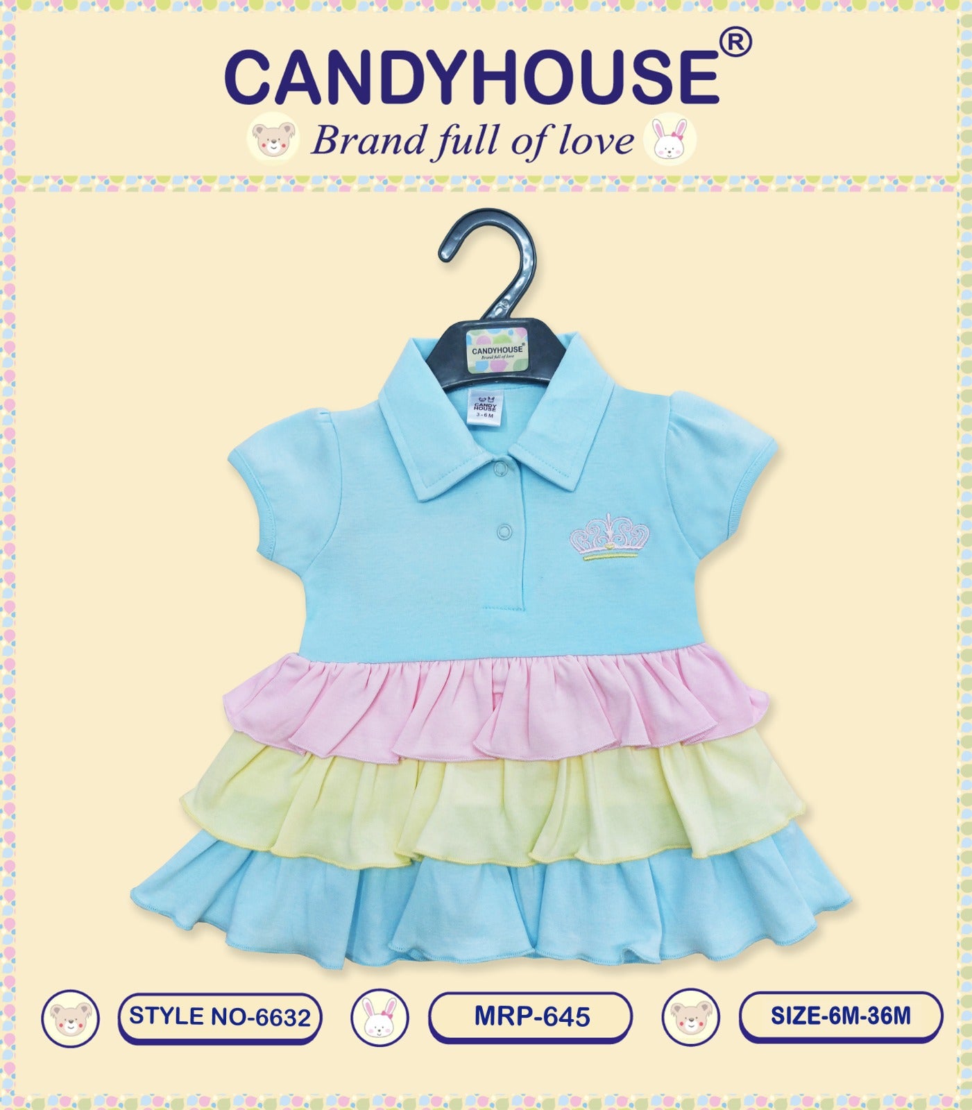 CandyHouse Cotton Knit Collor Half Sleeves Plain Frock With Crown Embroidery - Multicolor