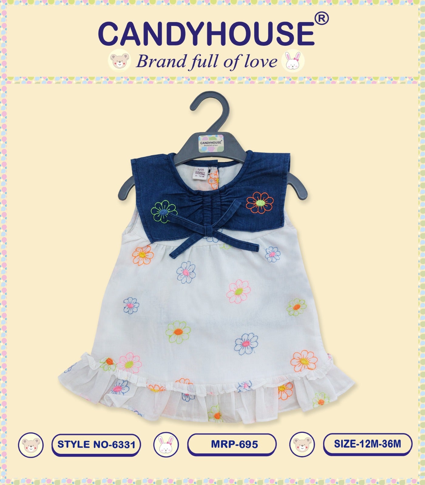 CandyHouse Denim and Cotton Sleeveless Floral Embroidered Frock - White Floral
